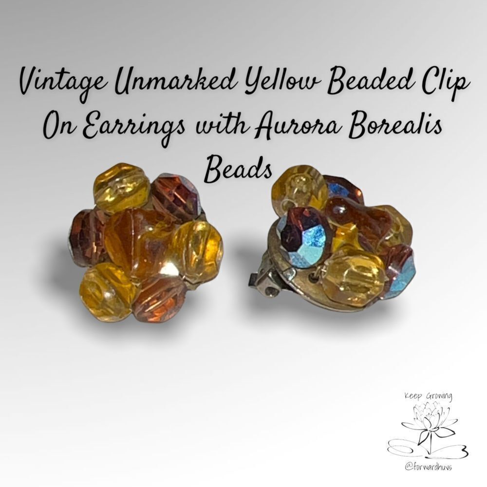 Vintage Unmarked Yellow/Orange Clip-on Earrings with Aurora Borealis Beads